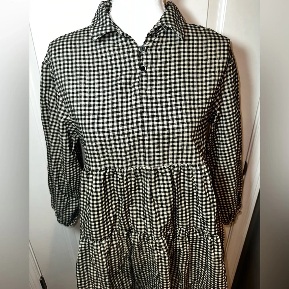 Zara Black Cream Gingham Tiered Babydoll Blouse Women’s 13/14 - Picture 4 of 10